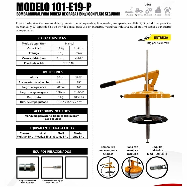 Bomba para Cubeta de Grasa con Plato Seguidor 19Kg ERKCO