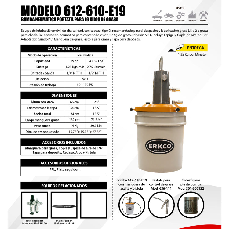 Bomba Neumatica Portatil para Grasa 19Kg ERKCO